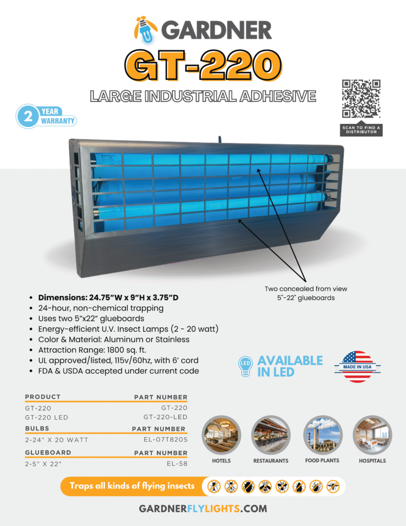 GT-220 industrial fly light trap with UV bulbs and glueboards